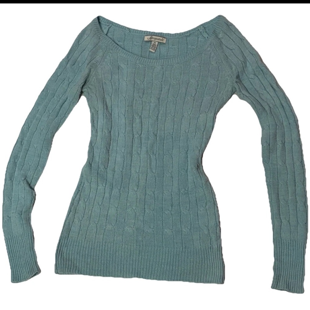 Aeropostale Y2K Cable Knit Boat Neck Bella Elena Aqua L/S Fitted Sweater Size XS